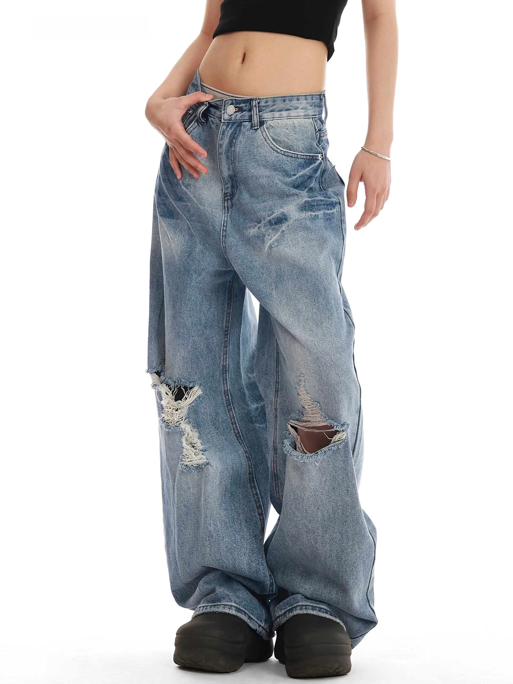 

Ретро-джинсы в американском стиле с вышивкой и рваными элементами, унисекс, прямые, широкие, в пол, модные, весна