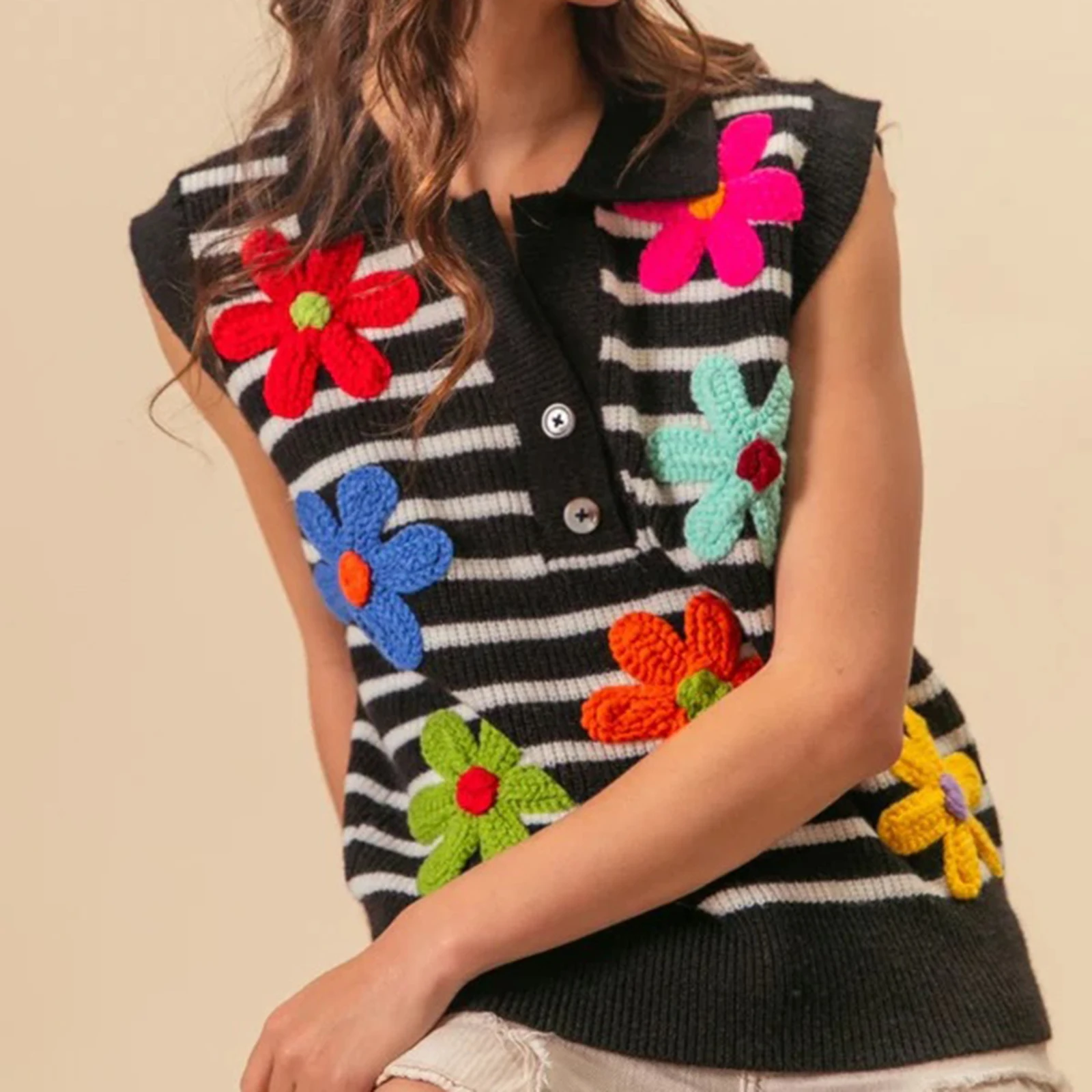 سترة نسائية مخططة مطرزة بالزهور سترة نصف زر بياقة بدون أكمام ملابس صيفية متماسكة