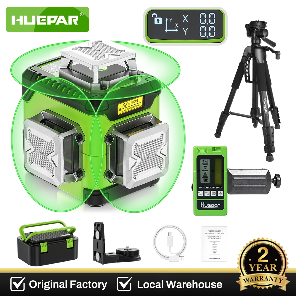 Niveau laser 3D Huepar, auto-nivelant, écran LCD haute luminosité, rechargeable, avec support magnétique, étui de transport rigide