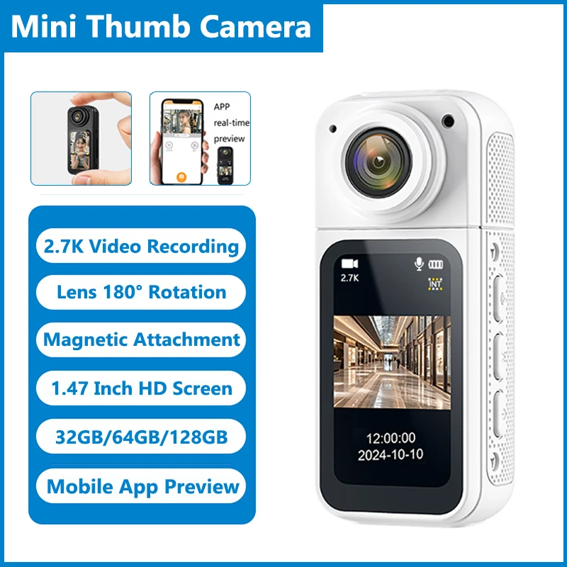

128G Thumb Camera 2.7K HD Video Recording 180° Rotation 1.47-inch Display Screen Sport Cycling Travel Recorder Pocket Action Cam