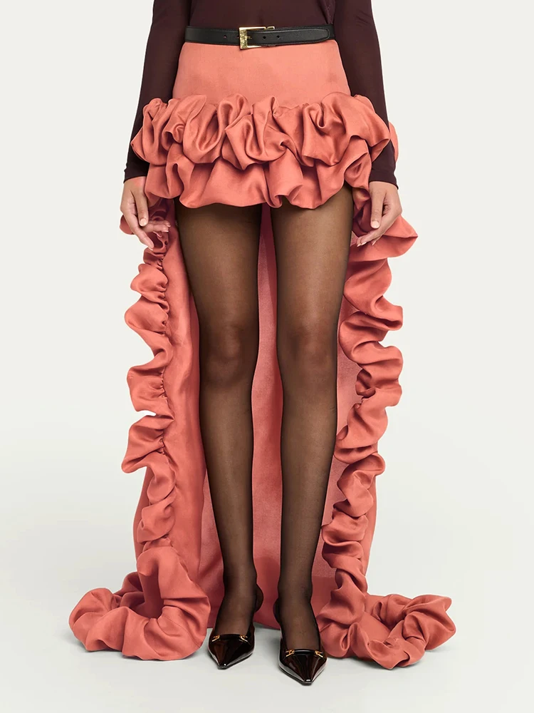 VC High Waist Ruffle Layered High-Low Maxi Skirt for Women – Ruffled Trim Cocktail Party Skirt  Mini Length Asymmetrical Skirt