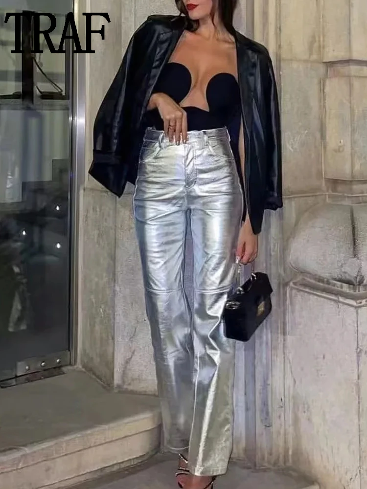 

TRAF Faux Leather Pants Women Silver High Waist Pants for Women Shiny Straight Trousers Women Streetwear Y2K Winter Pants Woman