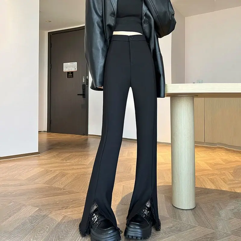 Traje con solapa ligeramente con abertura de encaje negro para mujer, nuevos pantalones informales de pierna ancha y cintura alta