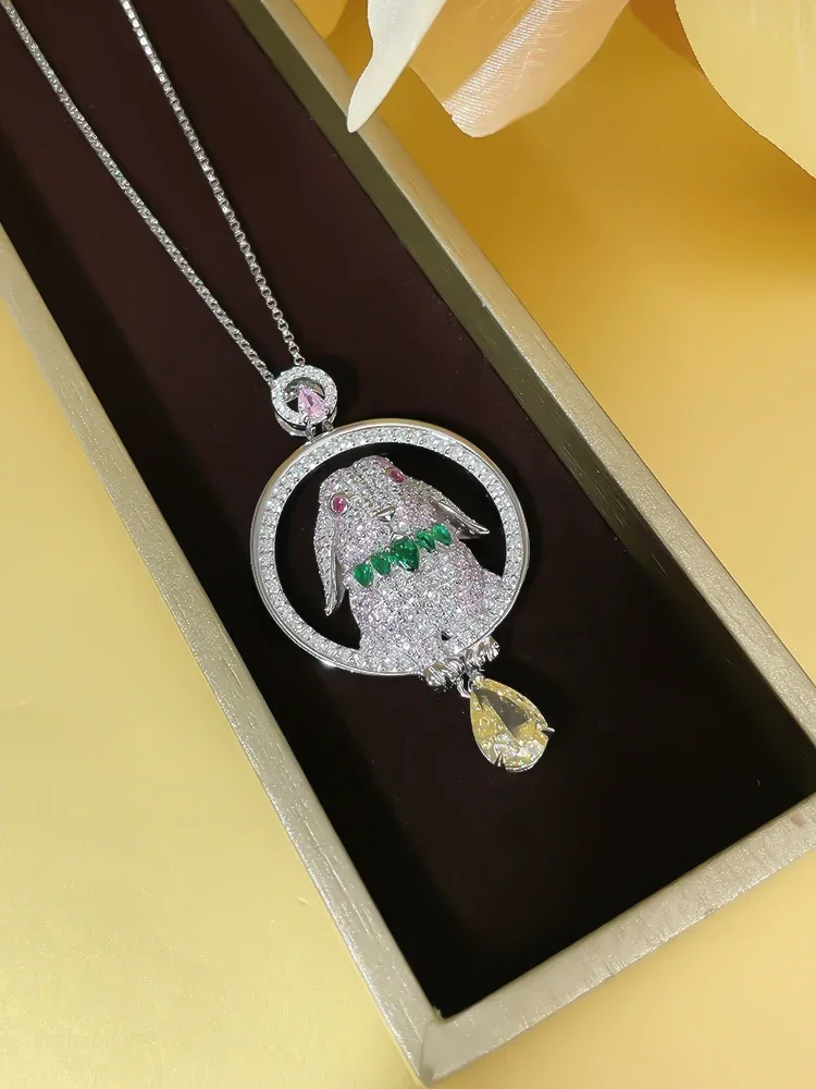 Desire 925 Silver New Year Yellow Diamond Rabbit Pendant Inlaid with Imported High Carbon  Gift  Grade Elegance