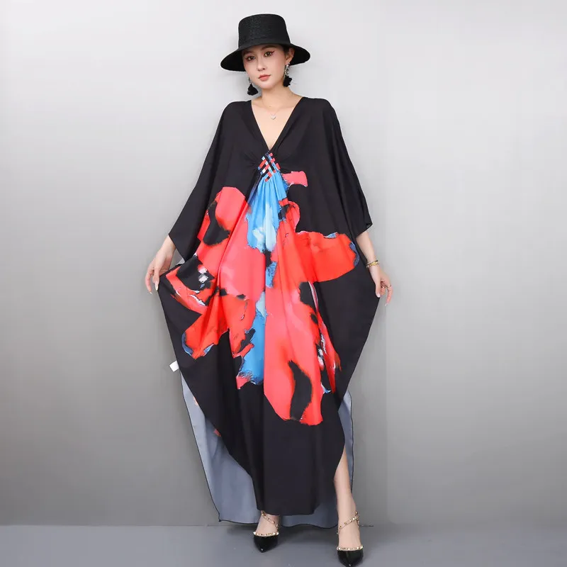 

2026 Spring New Elegant Resort Style Printed Loose Long Dress Women V Neck Dress Wholesale J2173
