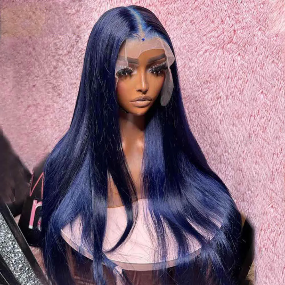 

Preplucked Soft 180%Density 26Inch Dark Blue Silky Straight Long Natural Hairline Glueless Lace Front Wig For Women Babyhair