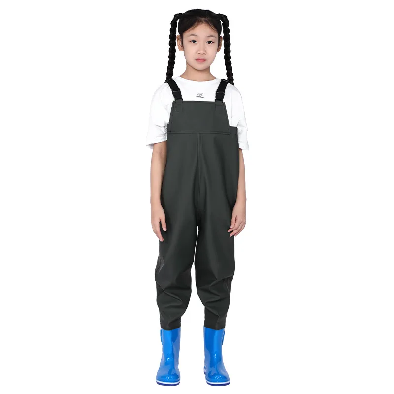 Outdoor Girl Boy Fishing Playing Water Suspender Rain Trousers With Boots Kids Angling Waterproof Shoes Wader Hunting pants