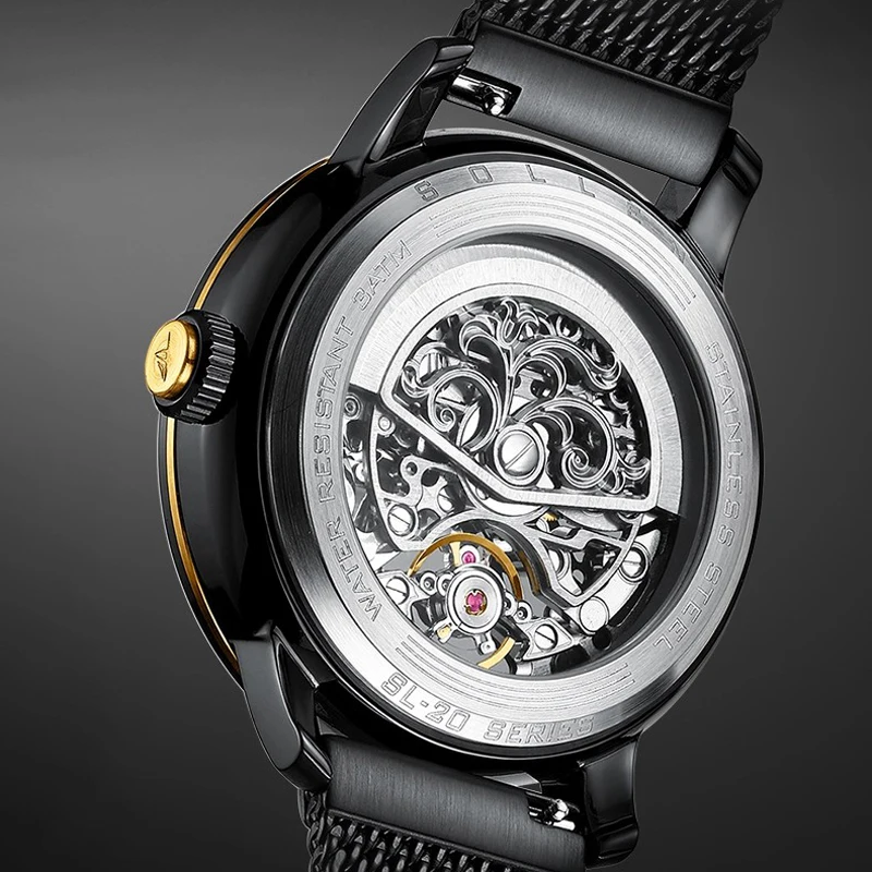 SOLLEN الرجال كامل التلقائي ساعة ميكانيكية 316L شبكة من الاستانلس استيل حزام مقاوم للماء موضة الراقية الرجال الهيكل العظمي ساعات رجالي