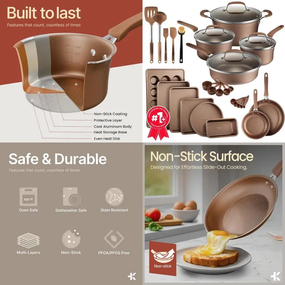 

23-Piece Nonstick Cookware Set with Plaid, Stackable, Dishwasher-Safe, Oven & Stove-Safe, Tempered Glass Lid, Golden