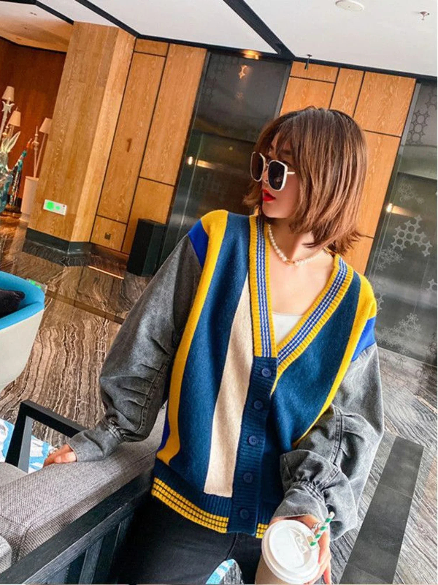 Cowboy Coat Woman Patchwork Mix Color Knitted Denim Jacket for Women Demi-season Low Price Harajuku Korean Reviews Many Clothes