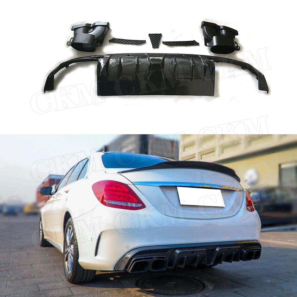 

Carbon Fiber Rear Lip Diffuser Spoiler with Exhaust Tips for Mercedes Benz W205 C200 C300 C63 AMG 2015-2019 Bumper Guard