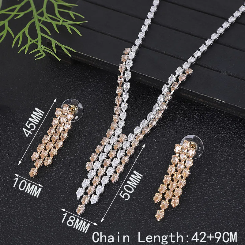 Luxury Color block Waterdrop Necklace Earrings For Women Accessory Full Cubic Zirconia Bridal Jewelry Sets Mujer Moda A0268