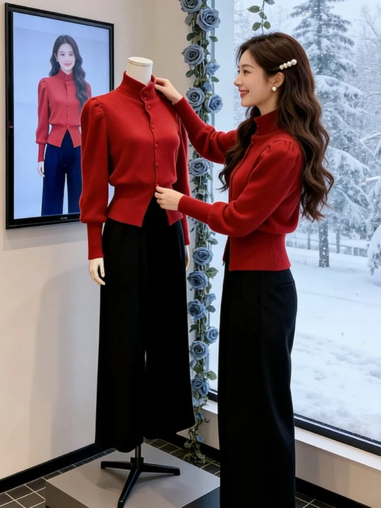 Red Stand Collar Long Sve Knitted Sweater Women's Ele Unique Faionable Casual Loose Fit Breathable Splice Design