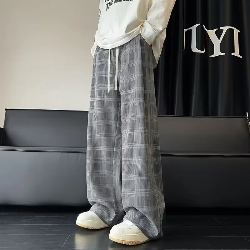 

2026 Spring Plaid Distressed Baggy Pants For Men Casual Sports Loose Straight-Leg Sweatpants High Street Fashion Y2K Trousers