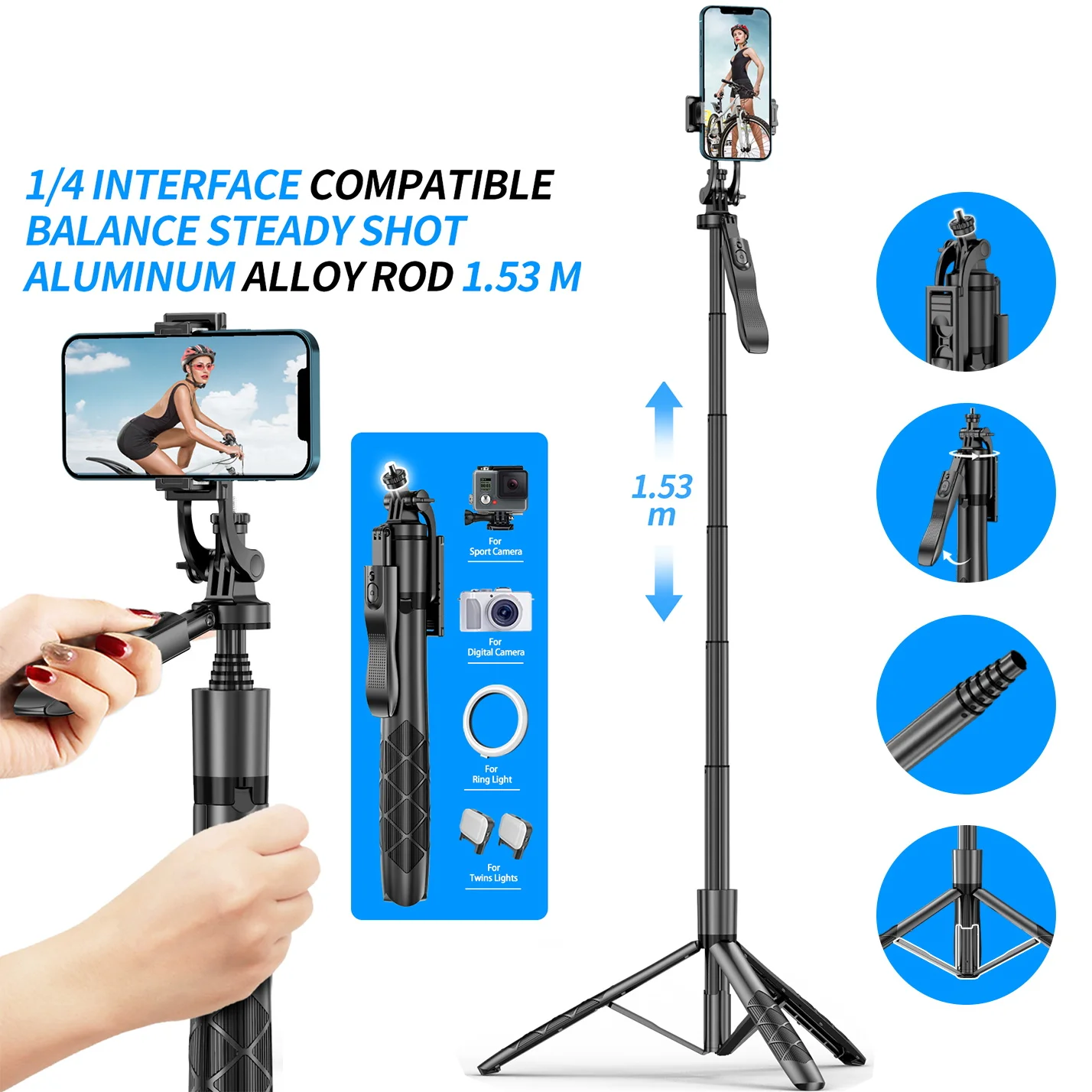 

1530mm Wireless Selfie Stick Tripod Phone Stand Holder Tripod for Mobile 1/4 Screw Interface for Camera Smartphone