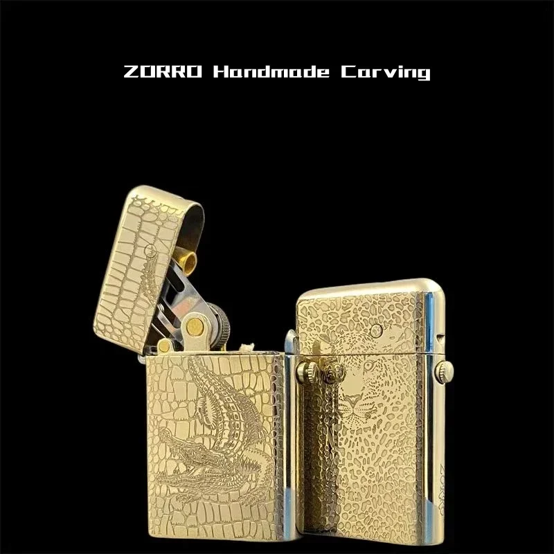 ZORRO Pure Copper Handmade Double sided Laser Engraving Kerosene Lighter One Button Press Ejection Igniter Lighters Smoking Gift