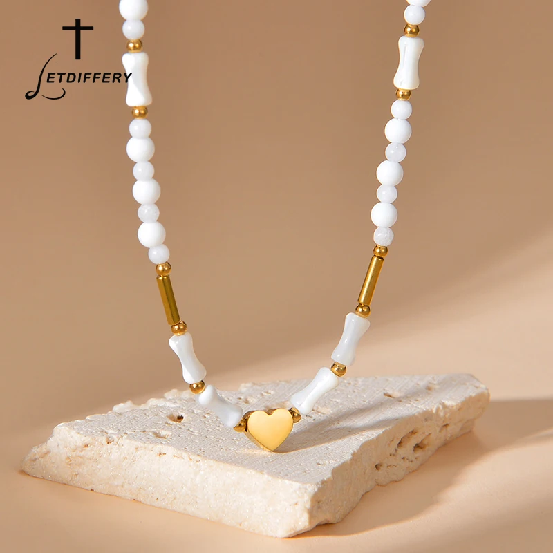 Letdiffery Fashion Heart Necklace for Women Stainless Steel Artical Pearl Gold Color Bead Chain Pendant Trendy Jewelry Gifts