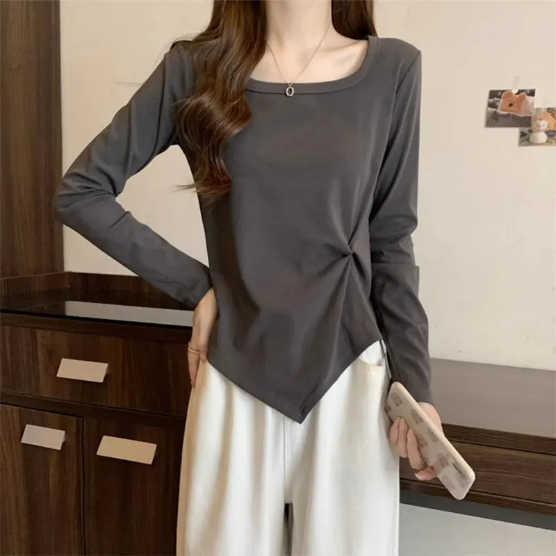 

2024 Spring Autumn Fashion Folds Pullovers Casual Square Collar Women's Clothing Solid Color Basic Irregular Long Sleeve T-shirt