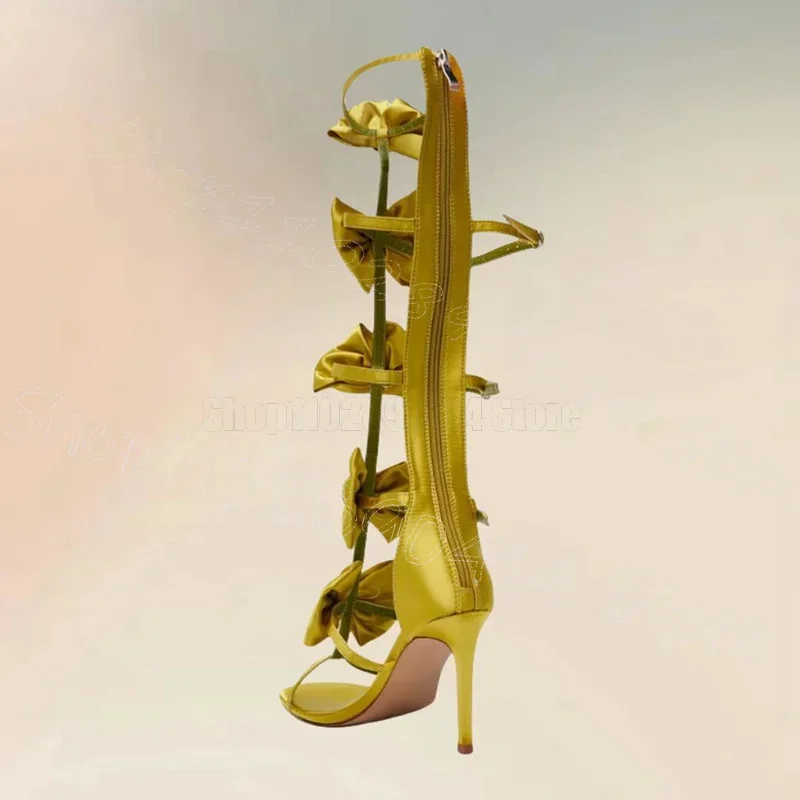 Yellow Bow Knot Crystal Heart Hollow Design Sandals Back Zipper Women Shoes Thin High Heels Party Feast 2025 Zapatos Para Mujere