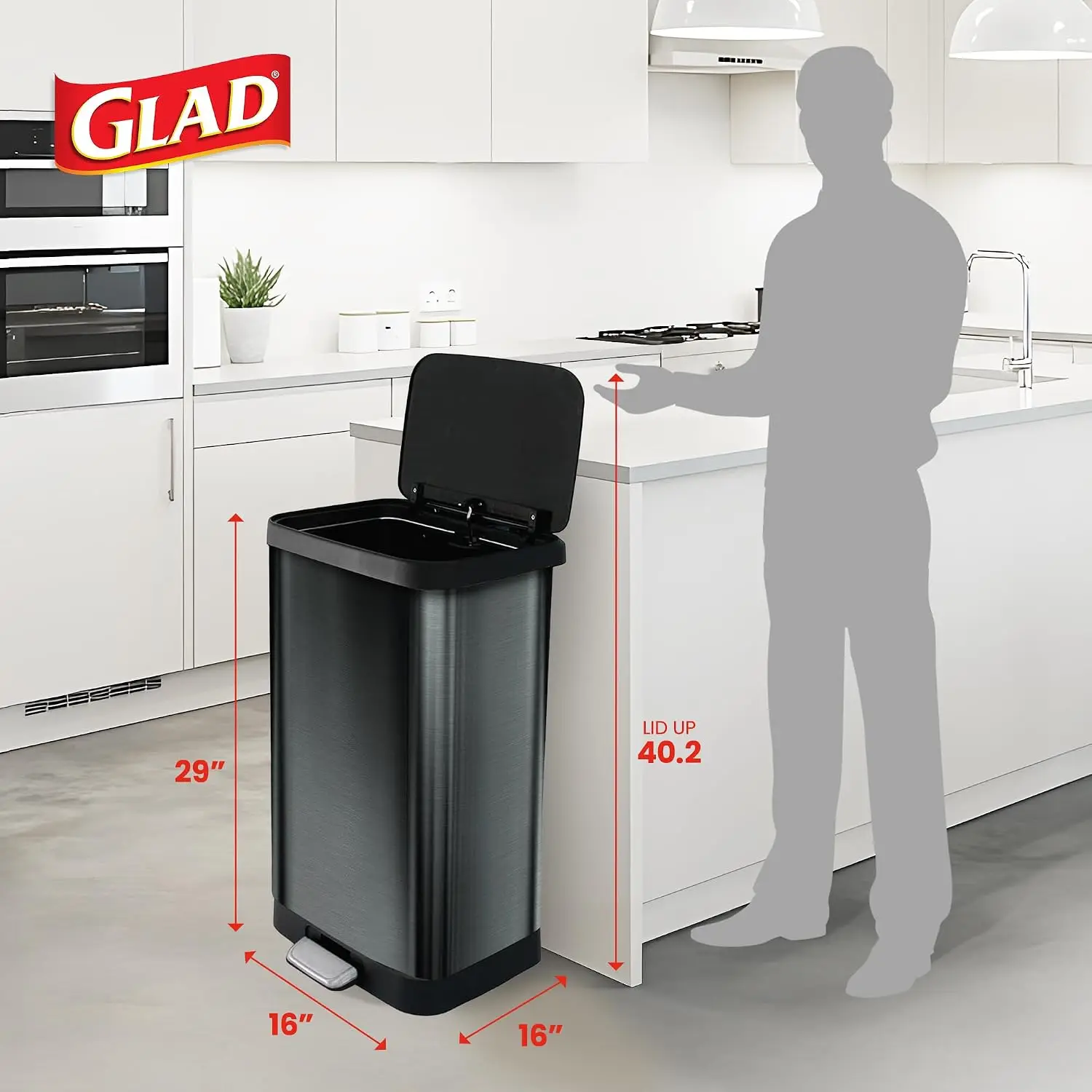 Glad Stainless Steel Trash Can with Clorox Odor Protection, 20 Gal, Pewter | Odor Protection | Large Metal Kitchen Garbage Bin W/ Soft Close Lid, Garbage Bag Rings, Step On Foot Pedal and Waste Bag Roll