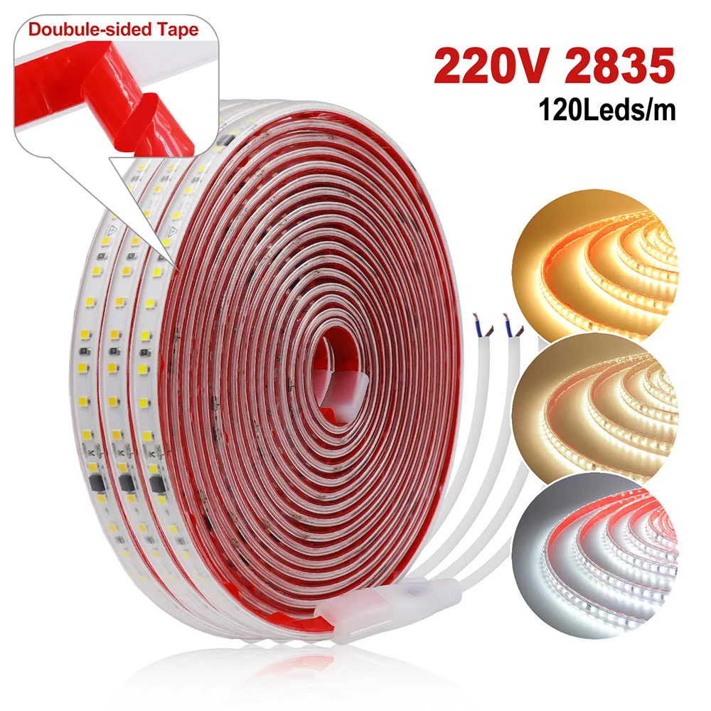 2835 Led Strip Lights with 2pin wire Adhesive Tape AC 220V 230V 120 LEDs 0.5m 2m 5m 10m 20m 50m Waterproof Bright Diode Dimmable