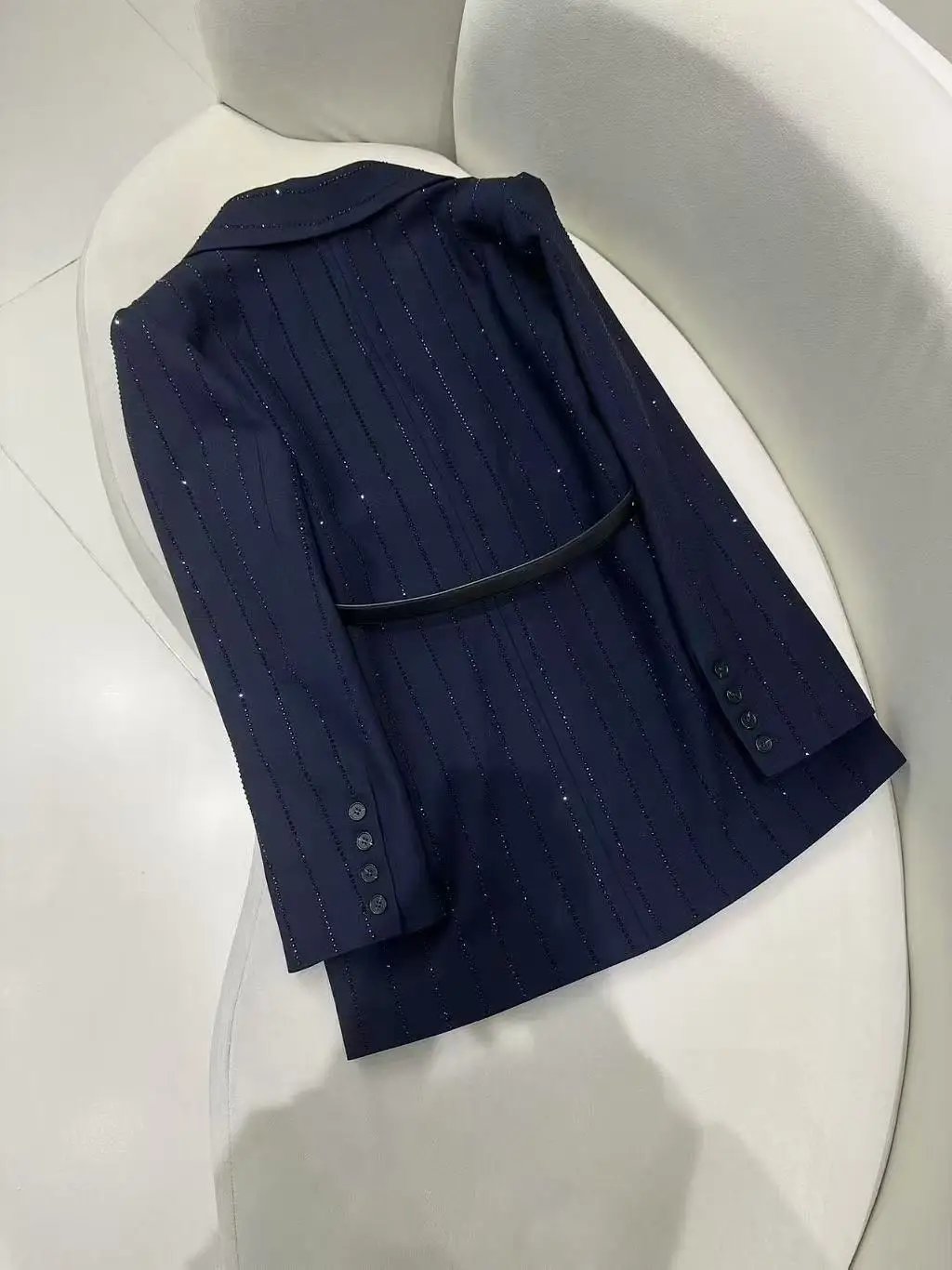 Women's dark blue diamond striped suit jacket with long sleeves, single breasted slim fit, elegant blazer for women