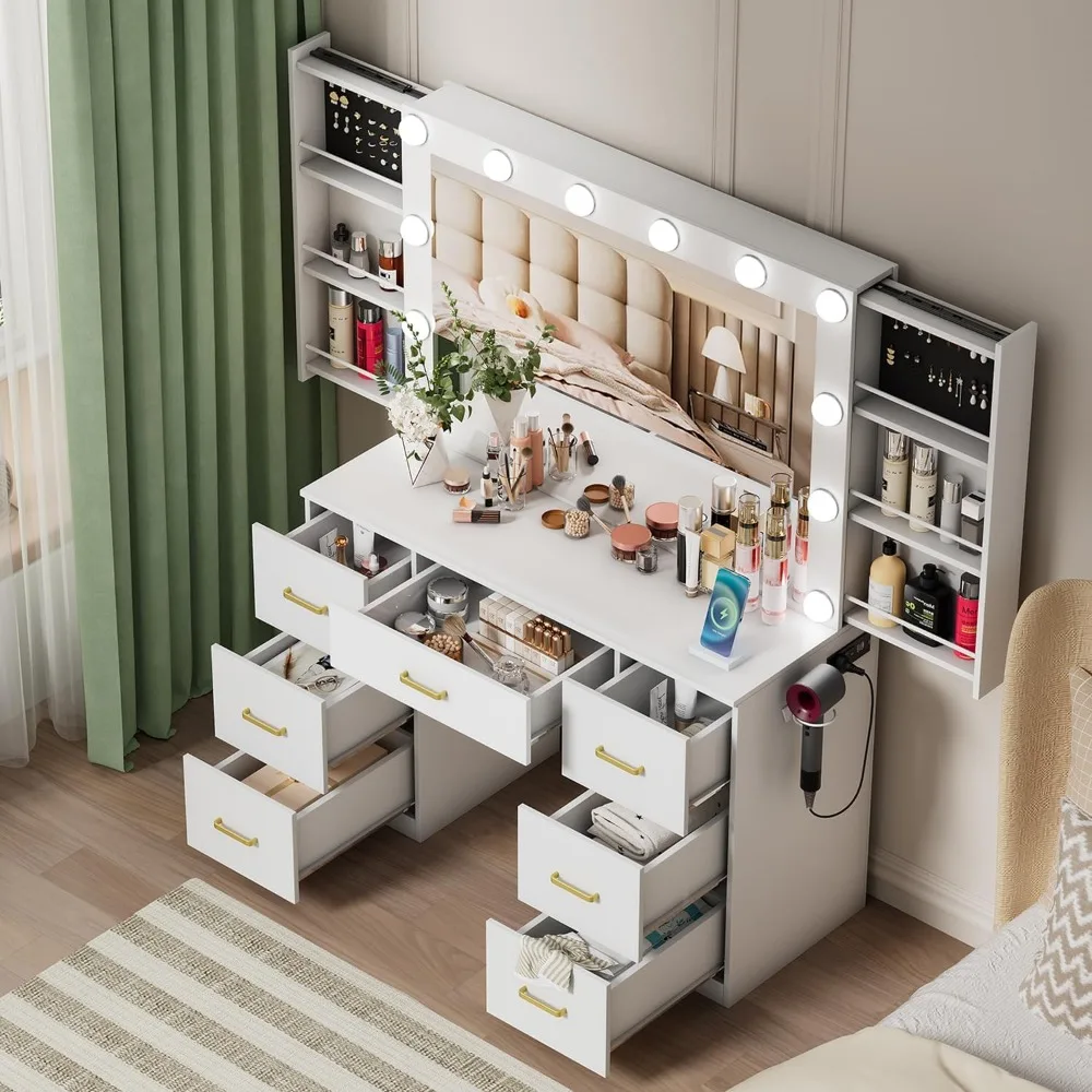 Lighted Mirror Vanity Desk with Adjustable Brightness, 3 Color Modes, Drawer and Power Outlet