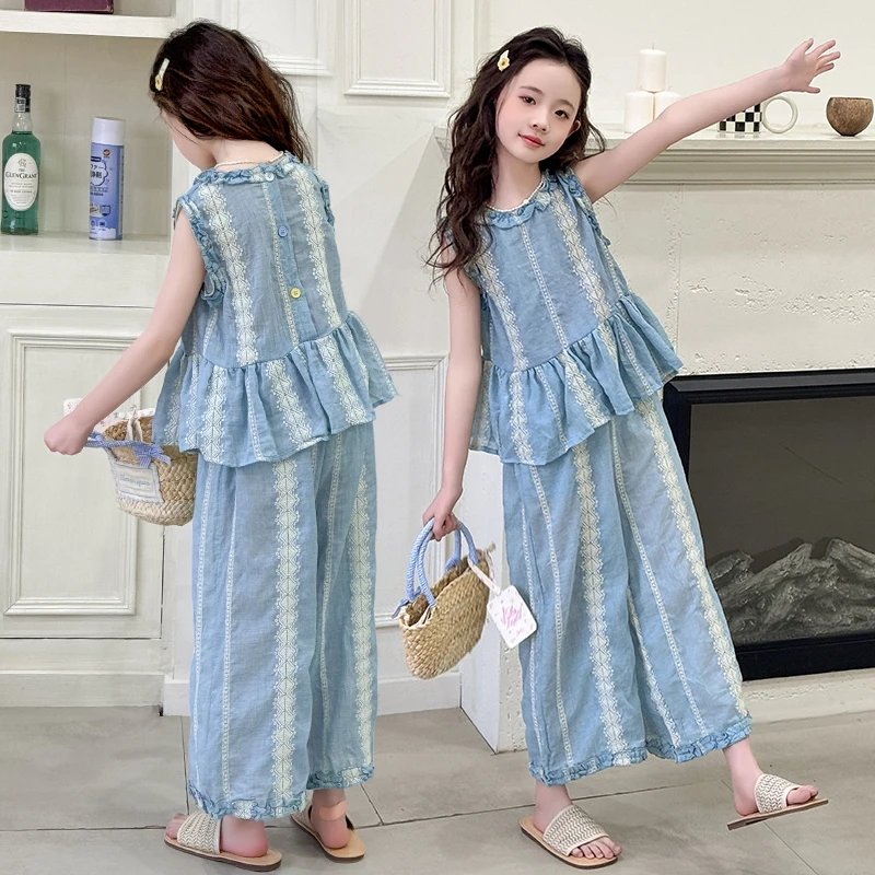 

Fashion Kids Girl Summer Suit Clothing with Lace Pattern Children Elegant Sleeveless Ruffle Top and Bottom Clothes Set Outfit