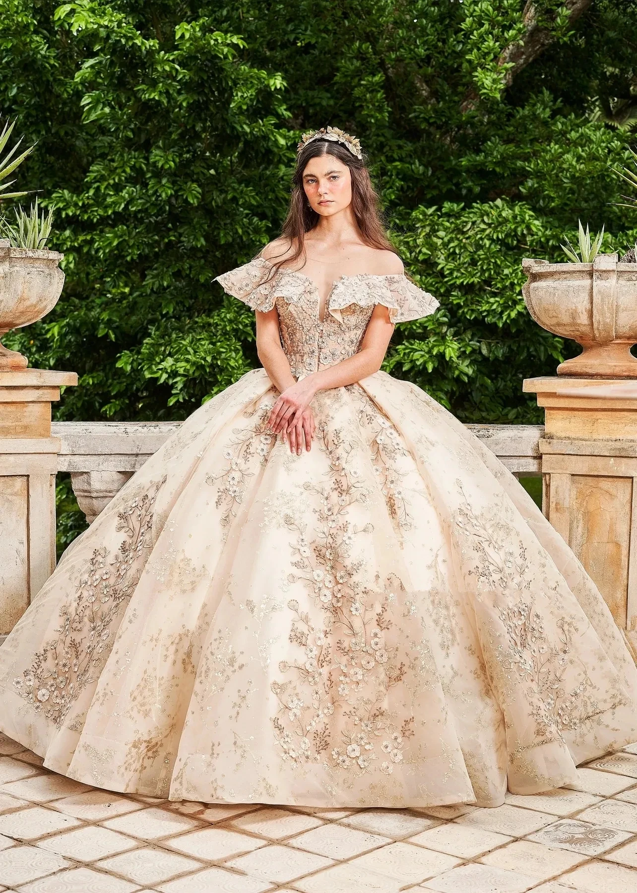 Vestidos de Quinceañera de princesa champán, vestido de baile sin hombros, apliques dulces 16, 15 Años, mexicano