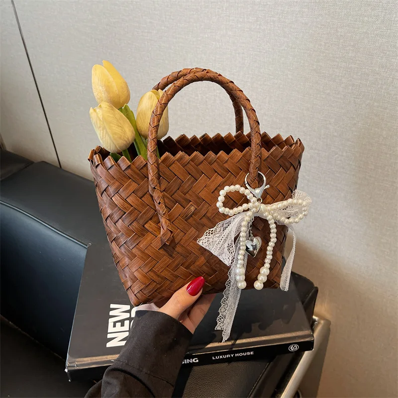 Retro Rattan Bamboo Handle Vegetable Basket Bag Women 2025 New Handmade Weaving Bag Seaside Vacation Beach Bag