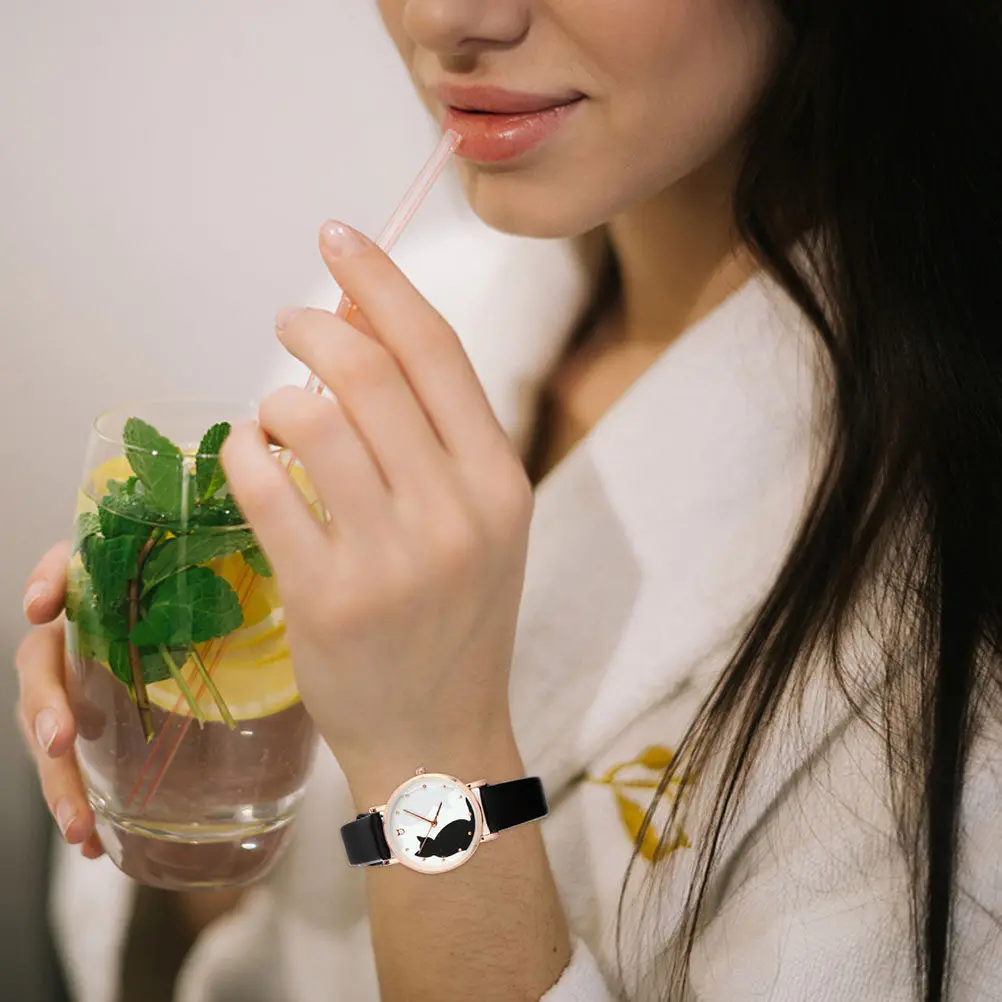 

2 шт. женские часы с кошачьим принтом, регулируемый ремешок, повседневные стильные кварцевые часы для женщин, для ежедневного использования