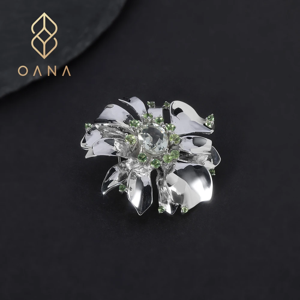 OANA Designer Style Natural Green Amethyst Flower Brooch High-End Sense S925 Silver Inlaid Gemstone Color Treasure Jewelry