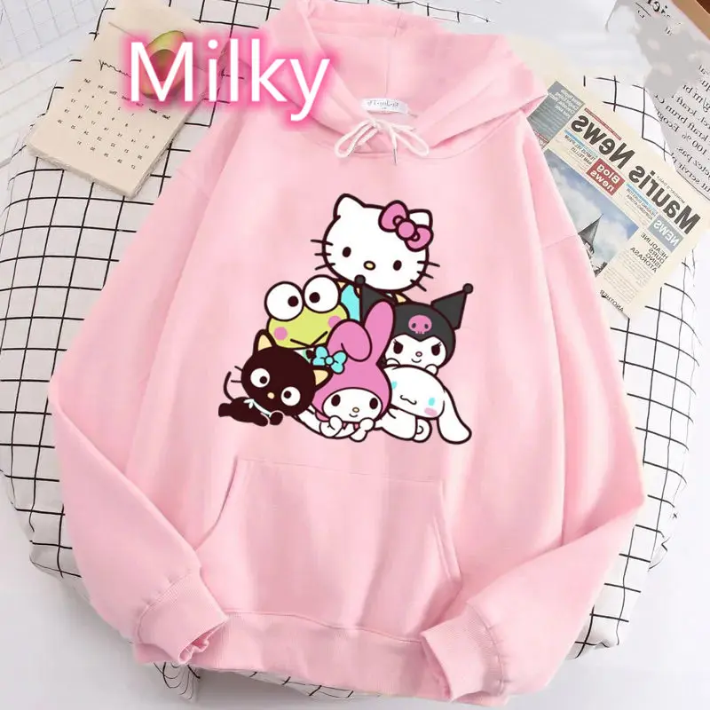 

Women Hello Kitty Sweatshirt Hooded Kawaii My Melody Kuromi Cinnamoroll Long Sleeve Warm Spring Autumn Pompompurin Hoodies