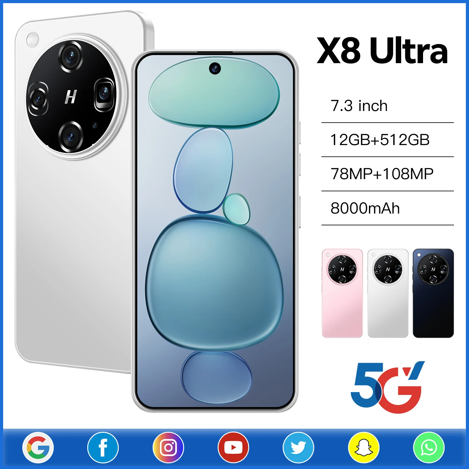 

2025 New Hot X8 Ultra Original Intelligent 5g Dual Card Dual Standby Android 15 System 7.3inch 8000mah Battery Global Version