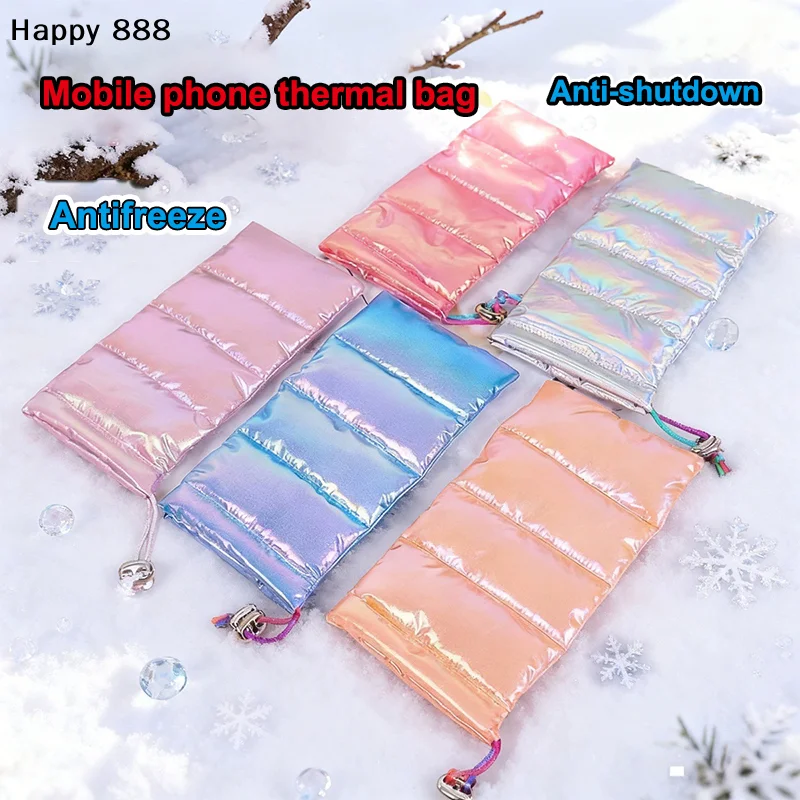 Thermal Phone Case Down Cotton Thermal Warm Cellphone Pouch With Drawstring Outdoor Phone Cover Bags Accessory For Overheating C