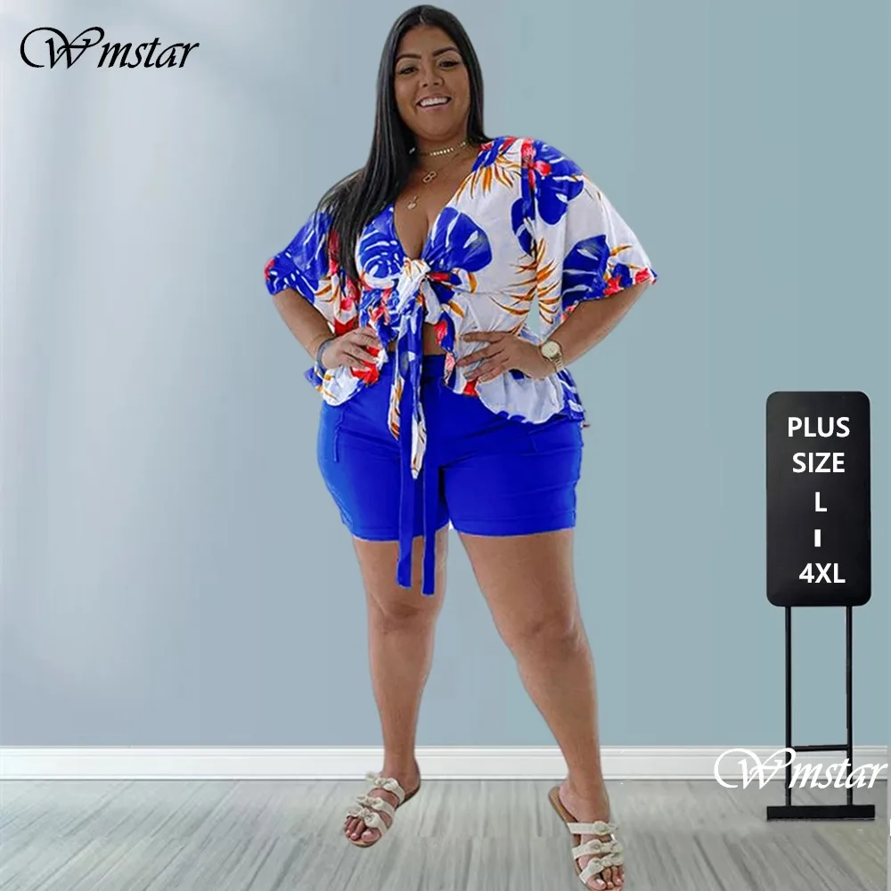 Smstar Plus Size Two Piece Set Women Summer Flowers Print Crop Top Short Sets Beach Style Matching Set Wholesale Drop Shipping