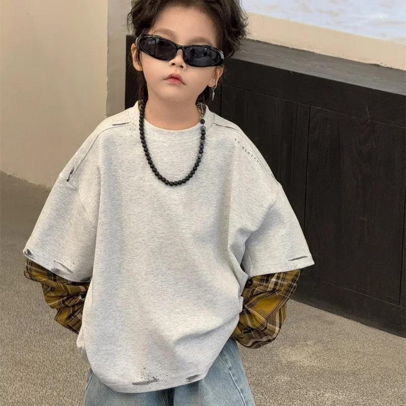 

Boys Fake Two-piece Sweatshirt 2025 Spring and Autumn New Style Children's Simple Casual Long-sleeved Tops Children's Clothing