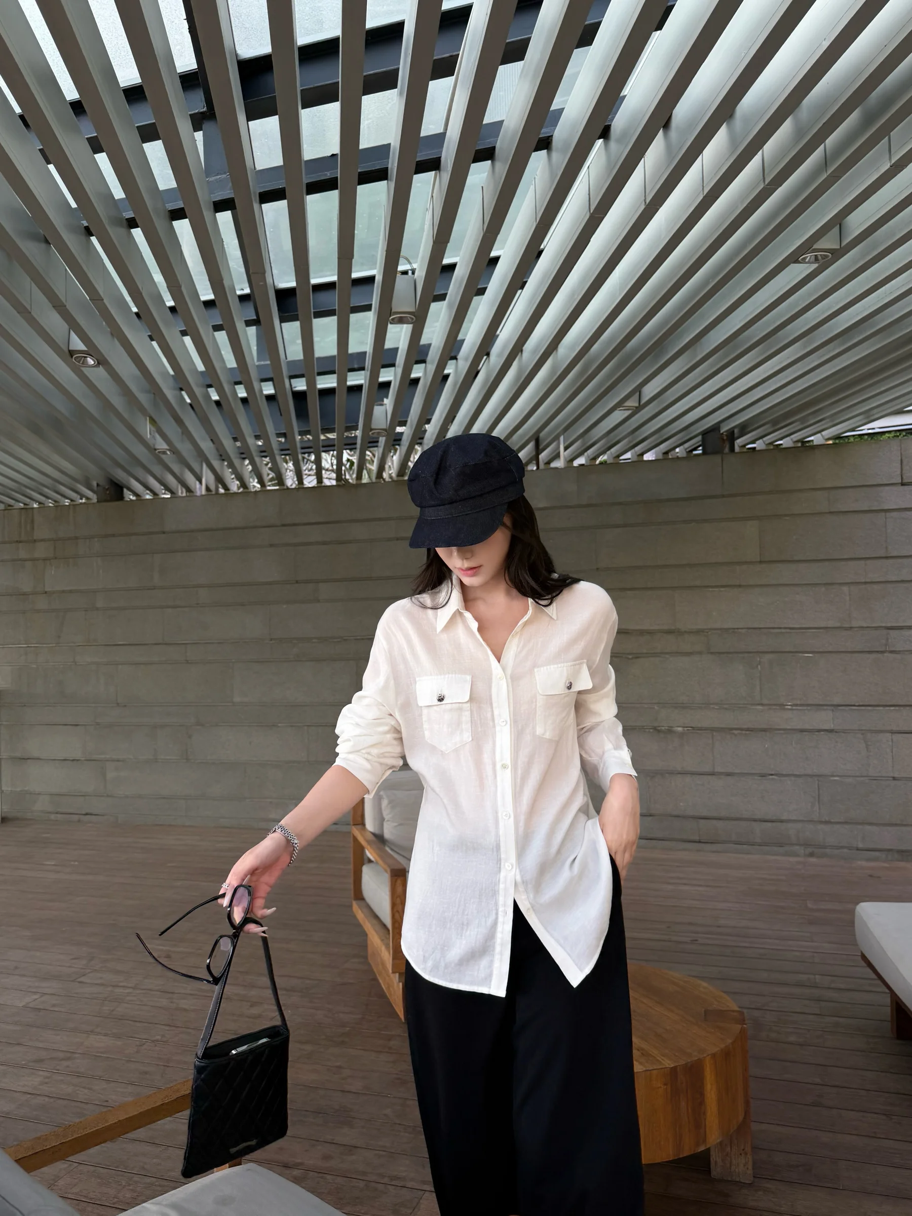 

5werkwen Chic Sle Long Sve irt Linen Blend Breathable Comfortable Metal Bule ell Bule Material Colion Women's...