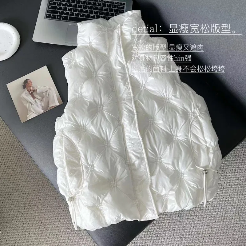 Women's Down Cotton Waistcoat Loose Fit Fashion Stand-up Collar Versatile Casual Korean Style Kangshan Outerwear Black