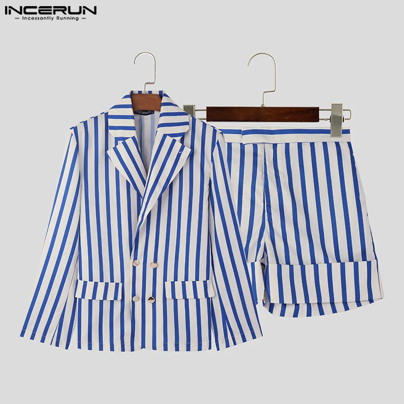 INCERUN 2024 American Style Sets Handsome Men\'s Stylish Striped Long Sleeved Suit Shorts Streetwear Hot Sale Suit 2 Pieces S-5XL