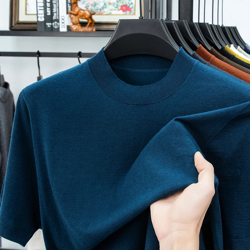 

Good Quality Worsted Wool Tees Men Casual Mock Neck Knitwear Short Sleeve Jumper Slim Fit Sheep Wool Clothes Pullover Tops