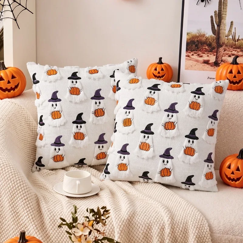 New Halloween Ghost Pumpkin Hat Pillow Cover Plush Cushion 3D Embroidery Goblin Holiday Decoration
