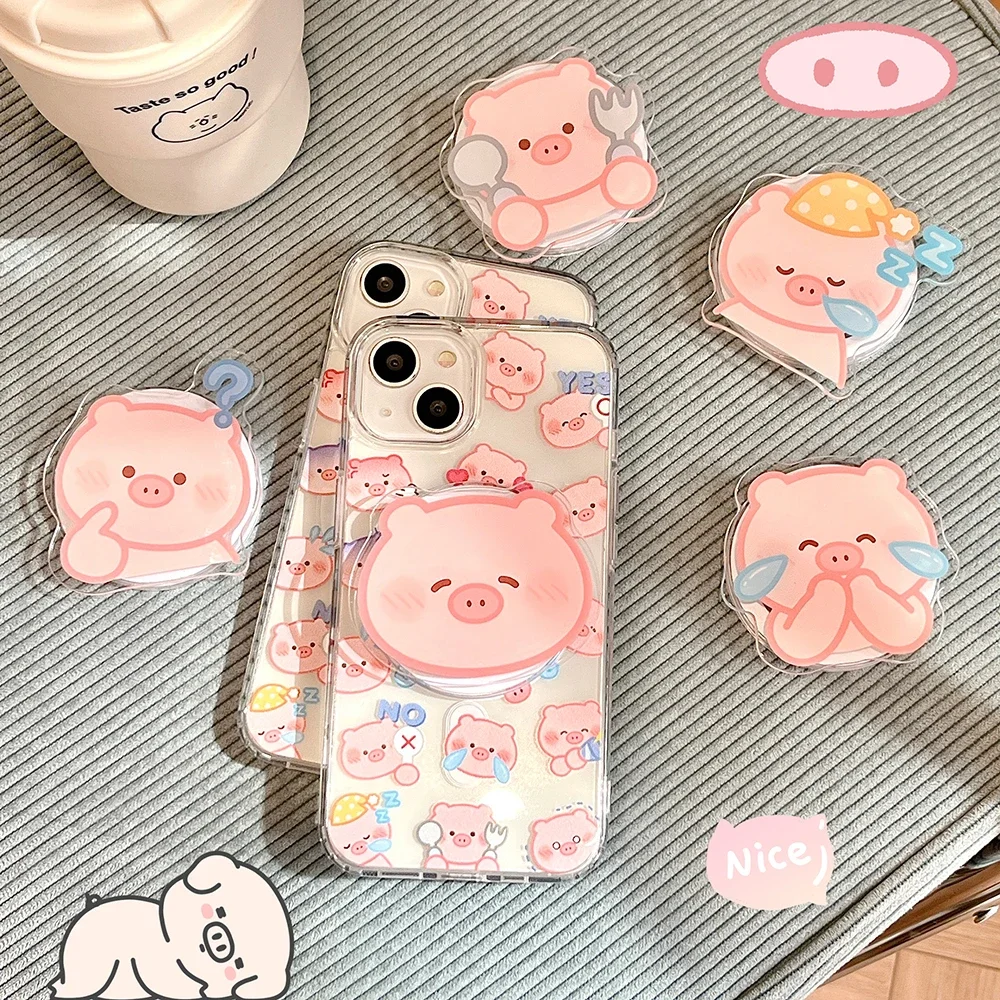 Cartoon Cute Pink Pig for Magsafe Magnetic Bracket Phone Case for IPhone 16 15 14 13 12 11 Pro Max Anti-fall Clear Back Cover