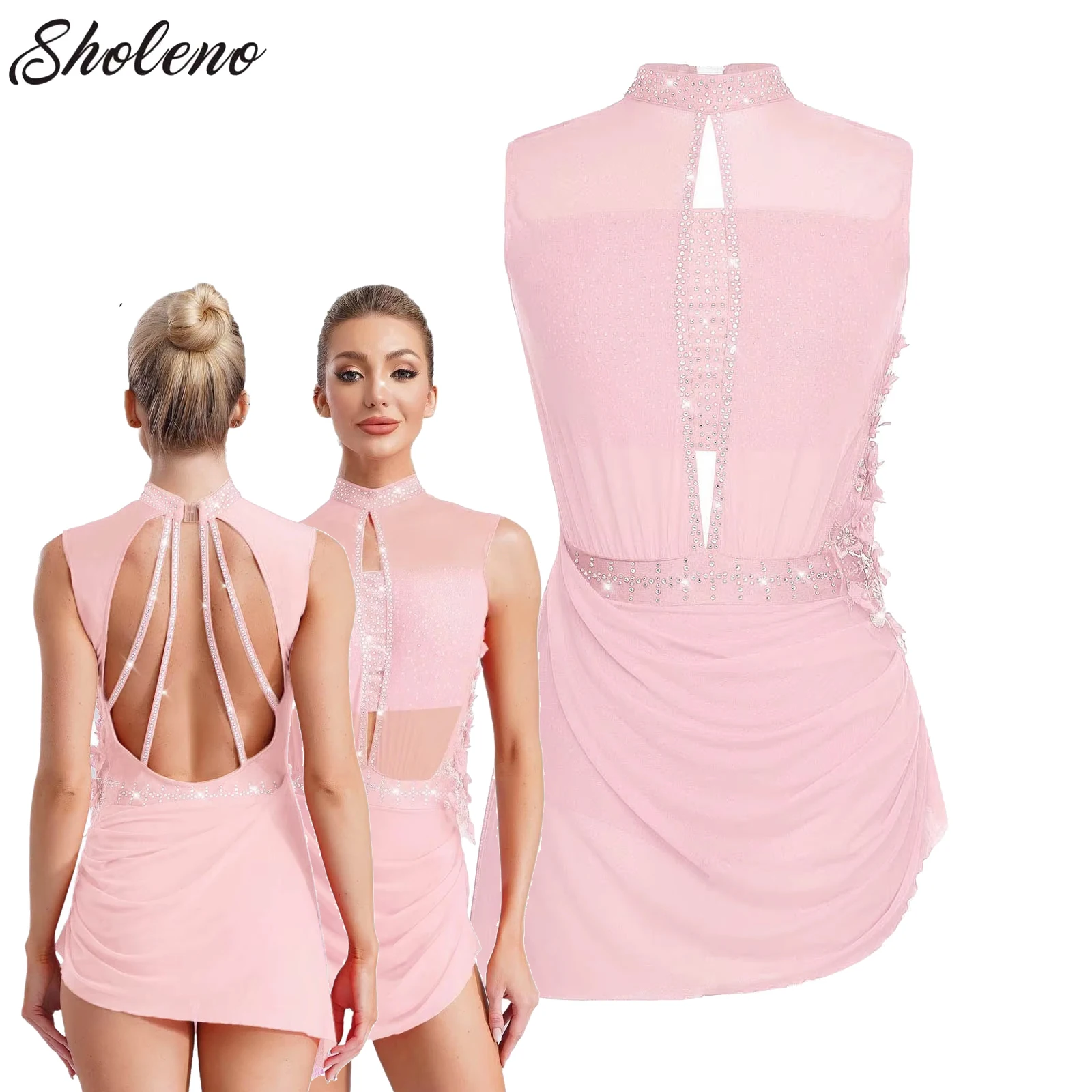 

Womens Lyrical Dance Costume Figure Skating Ballet Gymnastics Performance Dancewear Sleeveless Rhinestone Cutout Leotard Dress