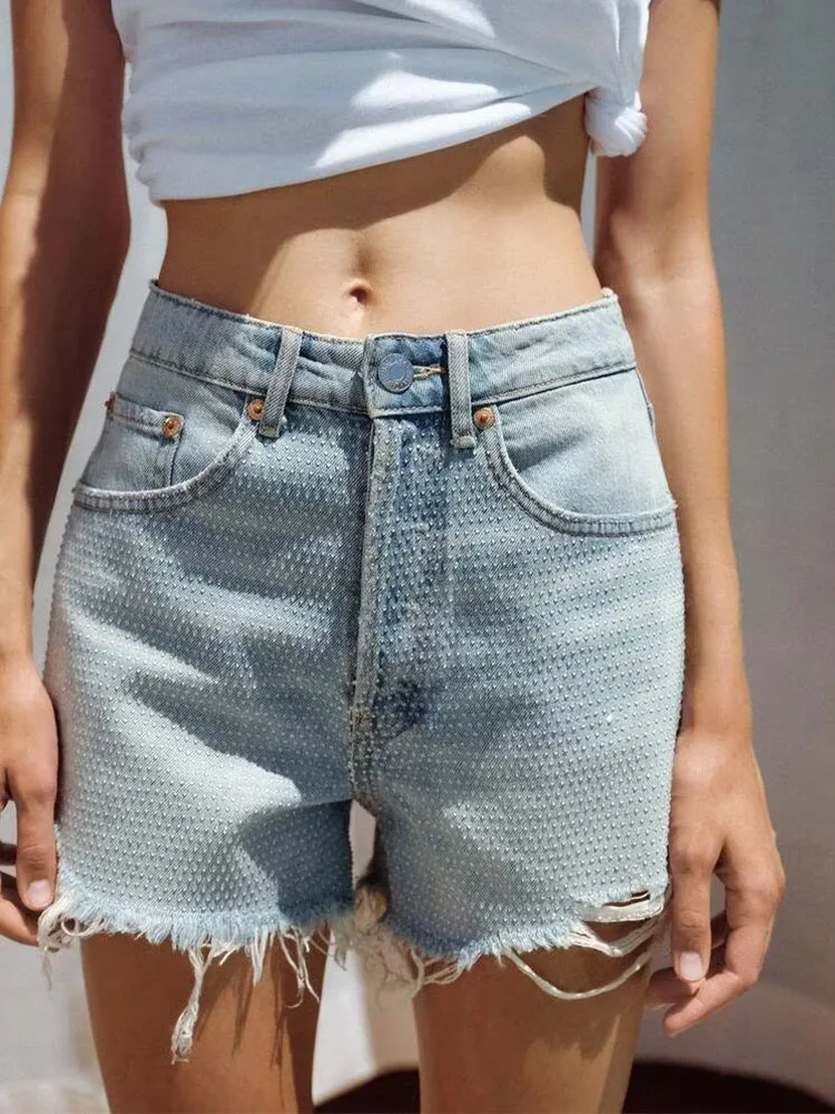 2024 new women's fashion versatile temperament high waist slim rhinestone decorated hole denim straight shorts