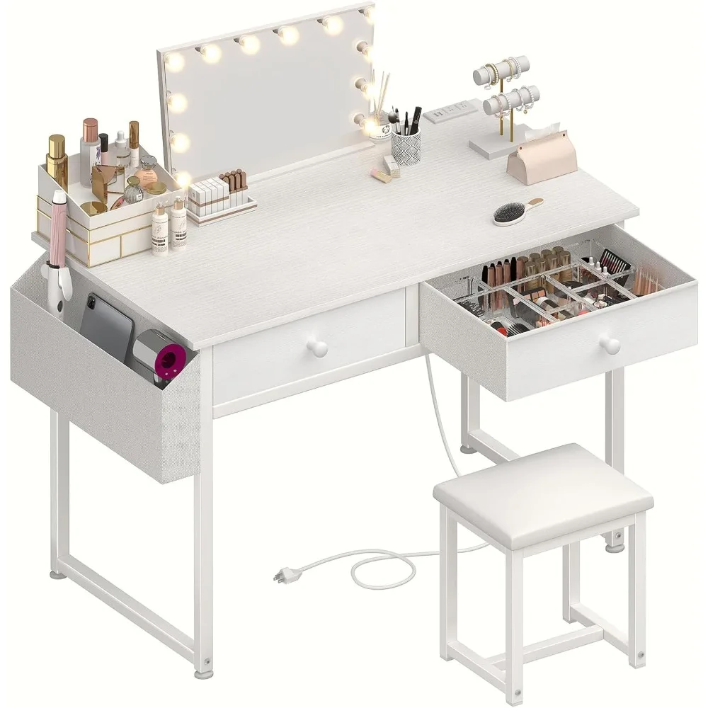 

White Makeup Vanity Desk with Chair No Mirror, Small Vanitys Table with Fabric Drawers, Power Outlet, Vanity Desk