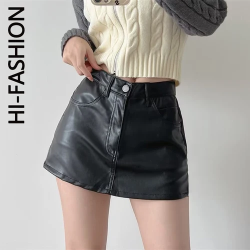 HI-FASHION 여성용 PU 가죽 짧은 스커트, 빈티지 하라주쿠 스트리트웨어, 여성 블랙 섹시 스플릿 슬림, 하이 웨이스트 A 라인 미니 스커트 