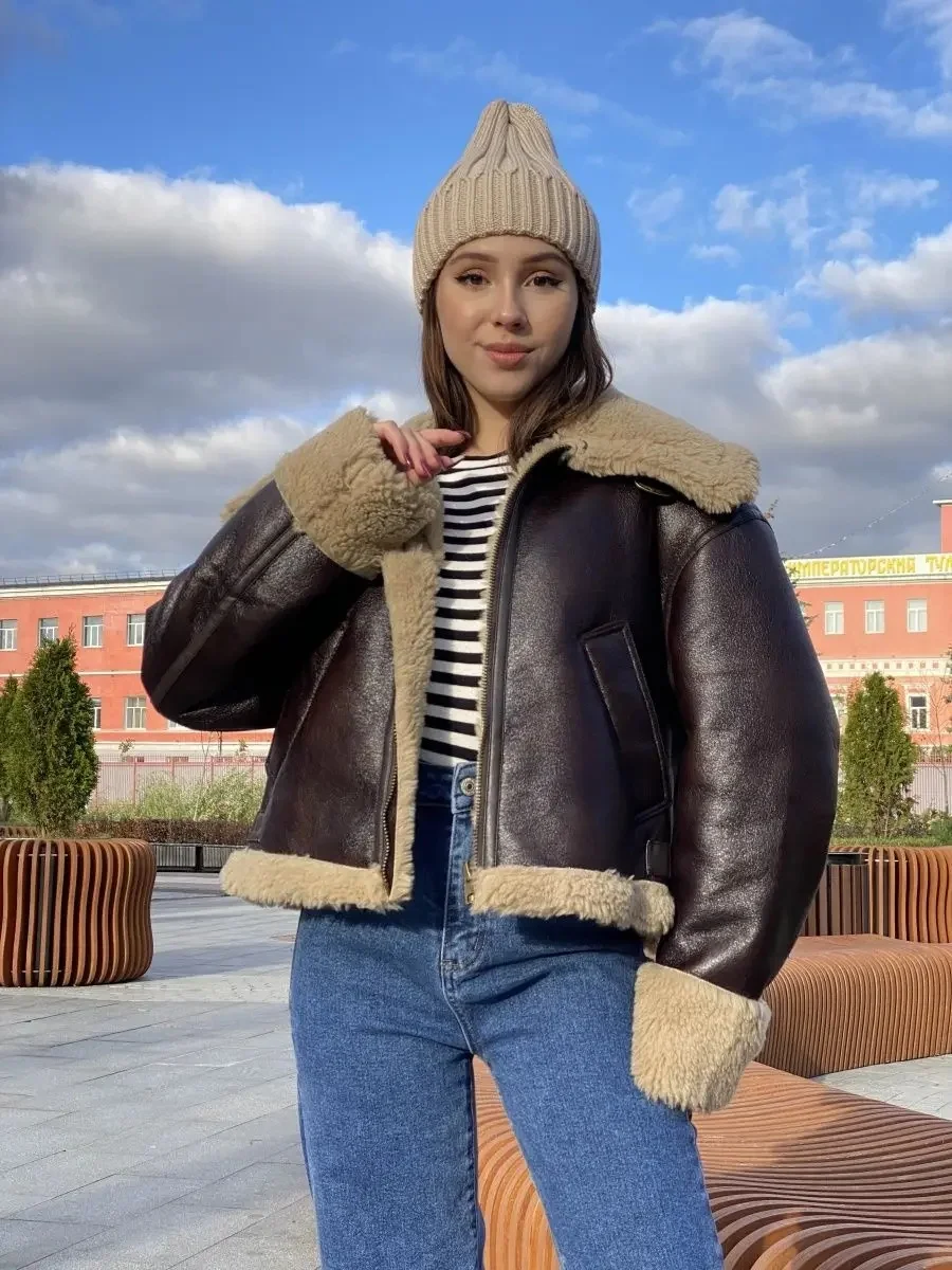 2025 Women Faux Fur Leather Jacket Casual Lady Lapel Zipper Short Coat High Street Motorcycle Outwear