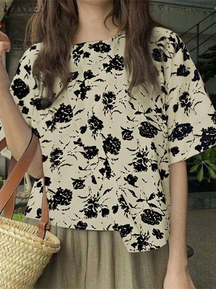 بلوزات الموضة ZANZEA بلوزات غير متناظرة المرأة قصيرة الأكمام الصيف البوهيمي قمصان مطبوعة 2025 بلوزات فضفاضة غير رسمية Femininas