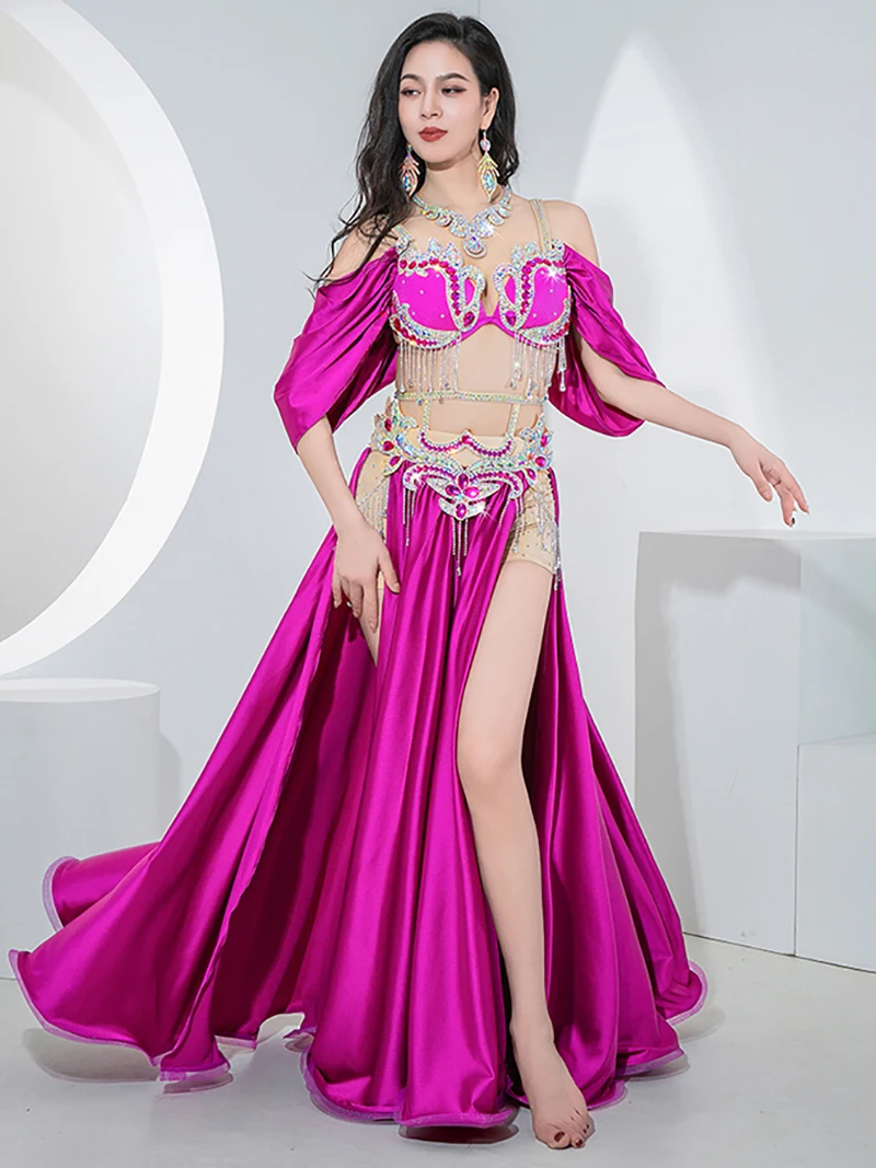 Women Sequin Flash Drill Belly Dance Double Split Gorgeous Large Swing Skirt Eastern Dancewear Competition Performance Costume